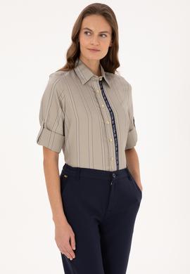 Kadın Açık Haki Uzun Kollu Çizgili Gömlek - 50308645003
