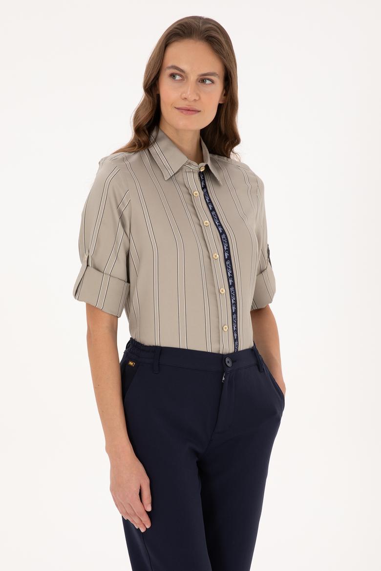 Kadın Açık Haki Uzun Kollu Çizgili Gömlek - 50308645003