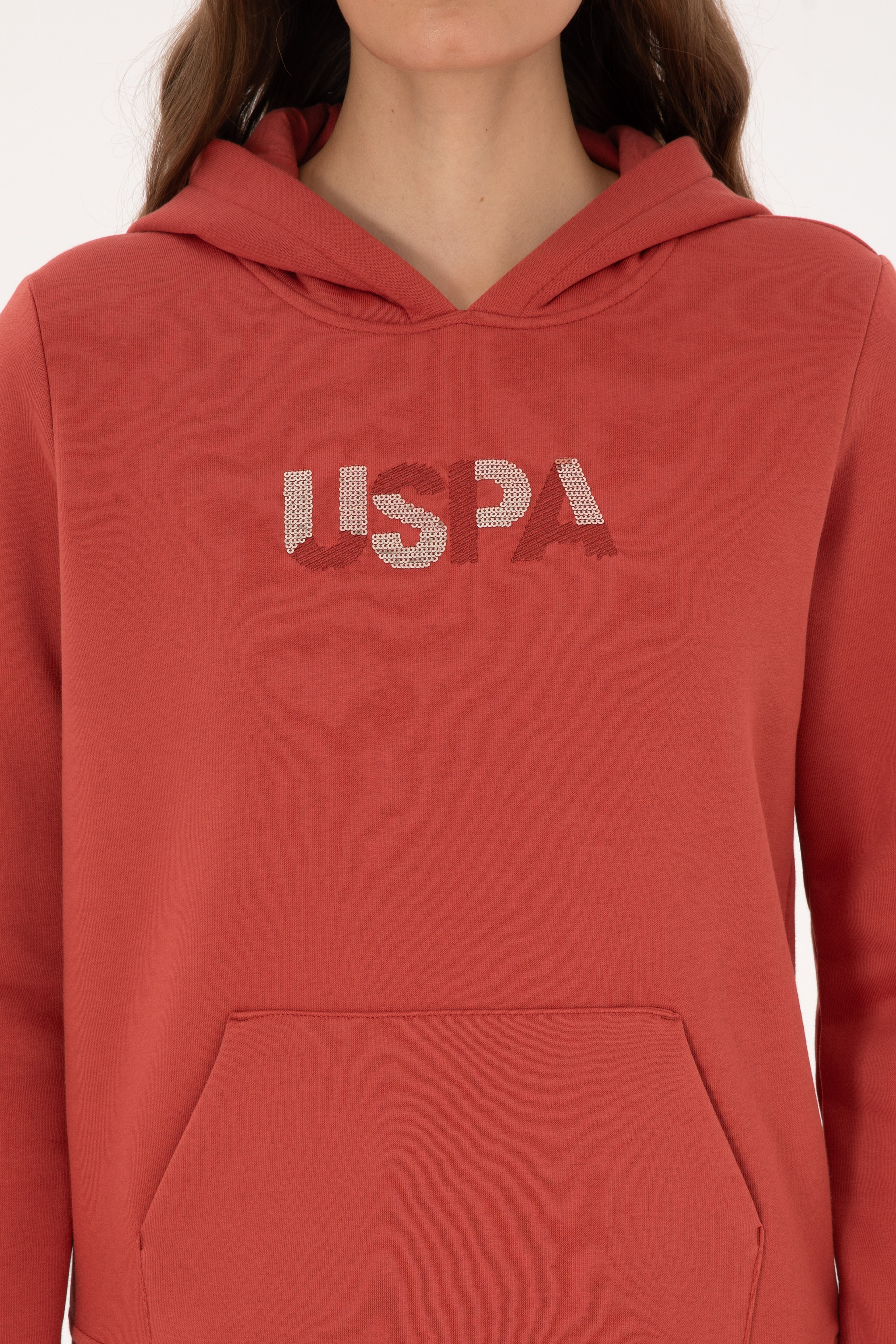 Kadın Kiremit Kapüşonlu Basic Sweatshirt - Image 6