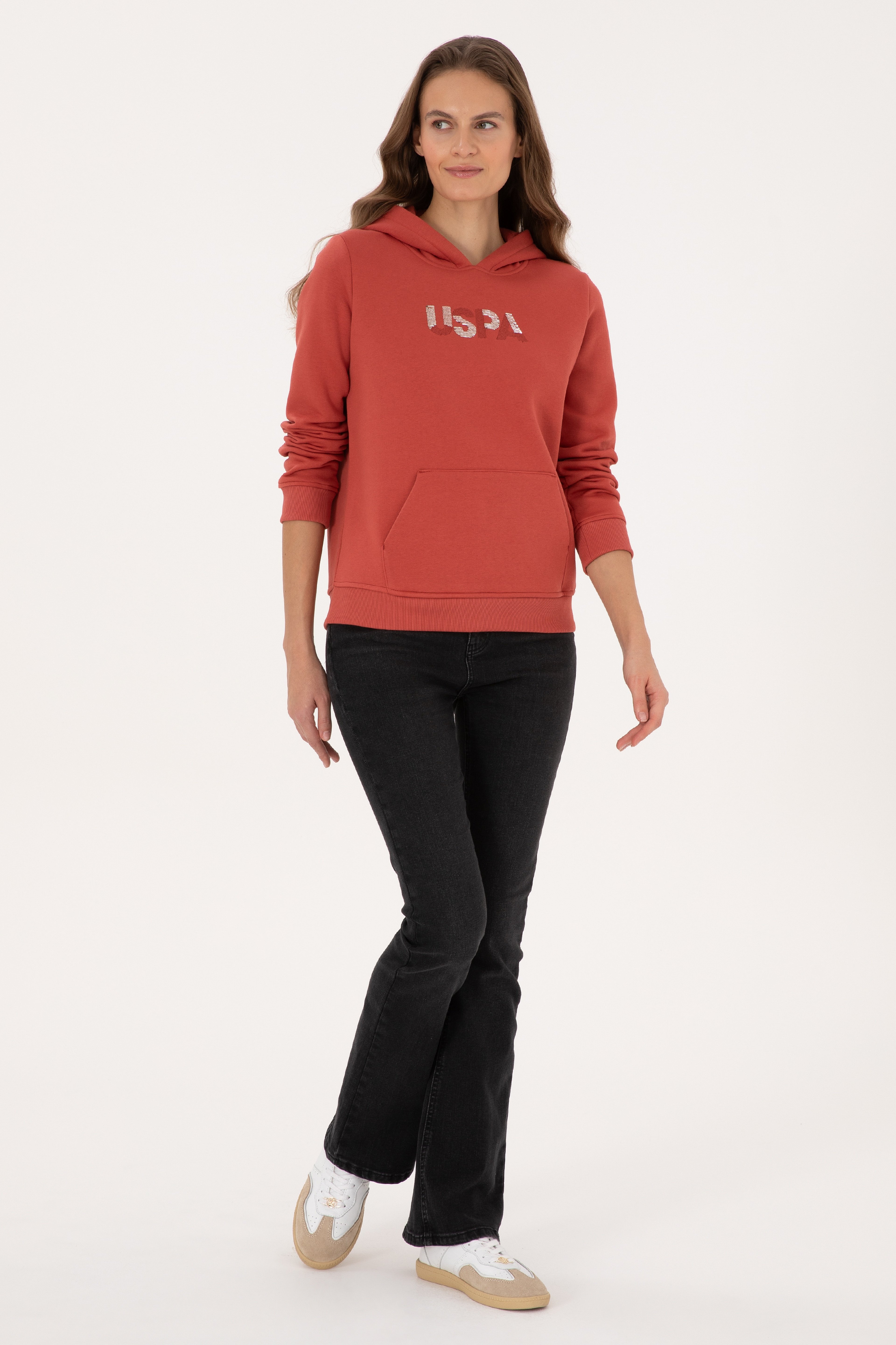 Kadın Kiremit Kapüşonlu Basic Sweatshirt - Image 4