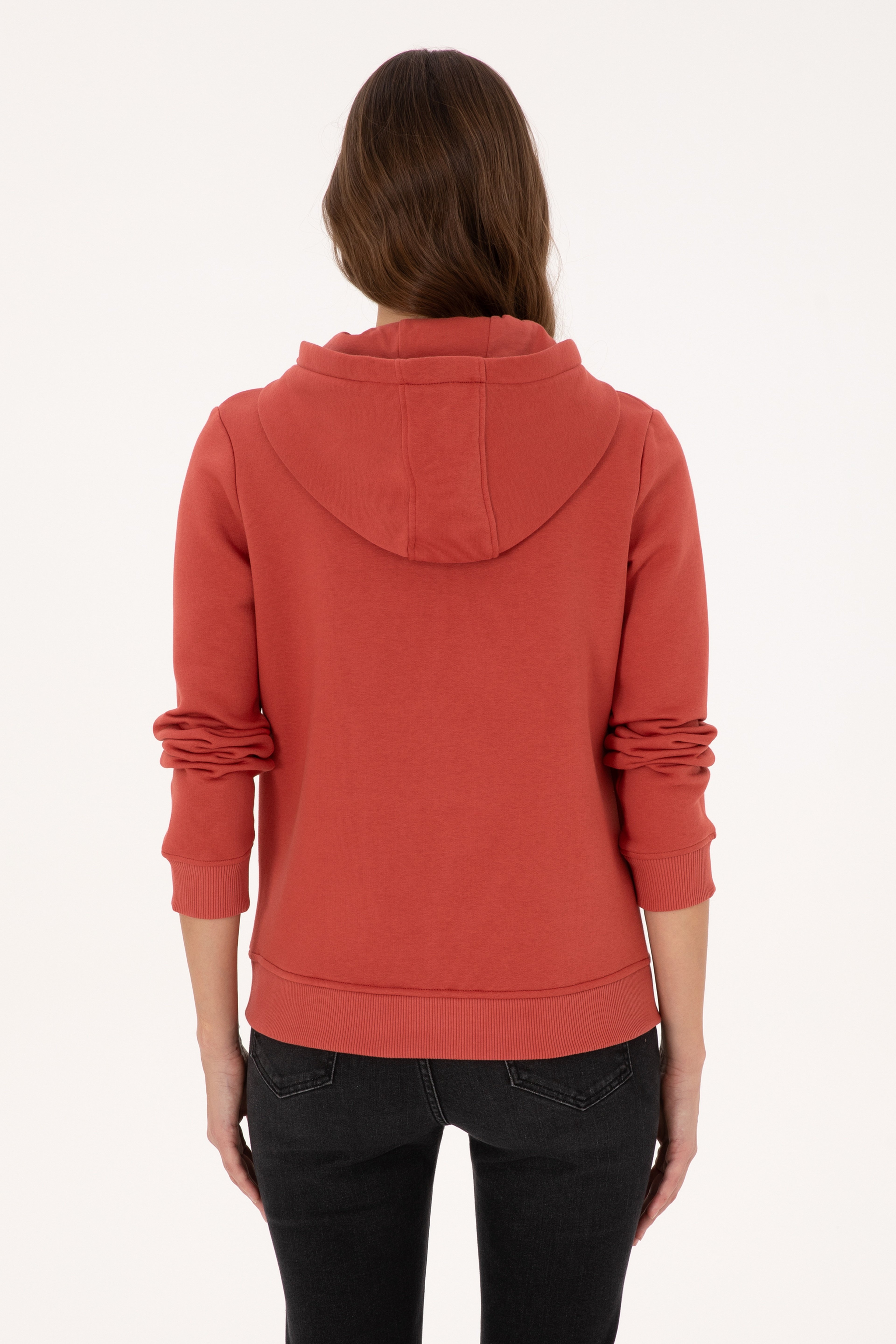 Kadın Kiremit Kapüşonlu Basic Sweatshirt - Image 5