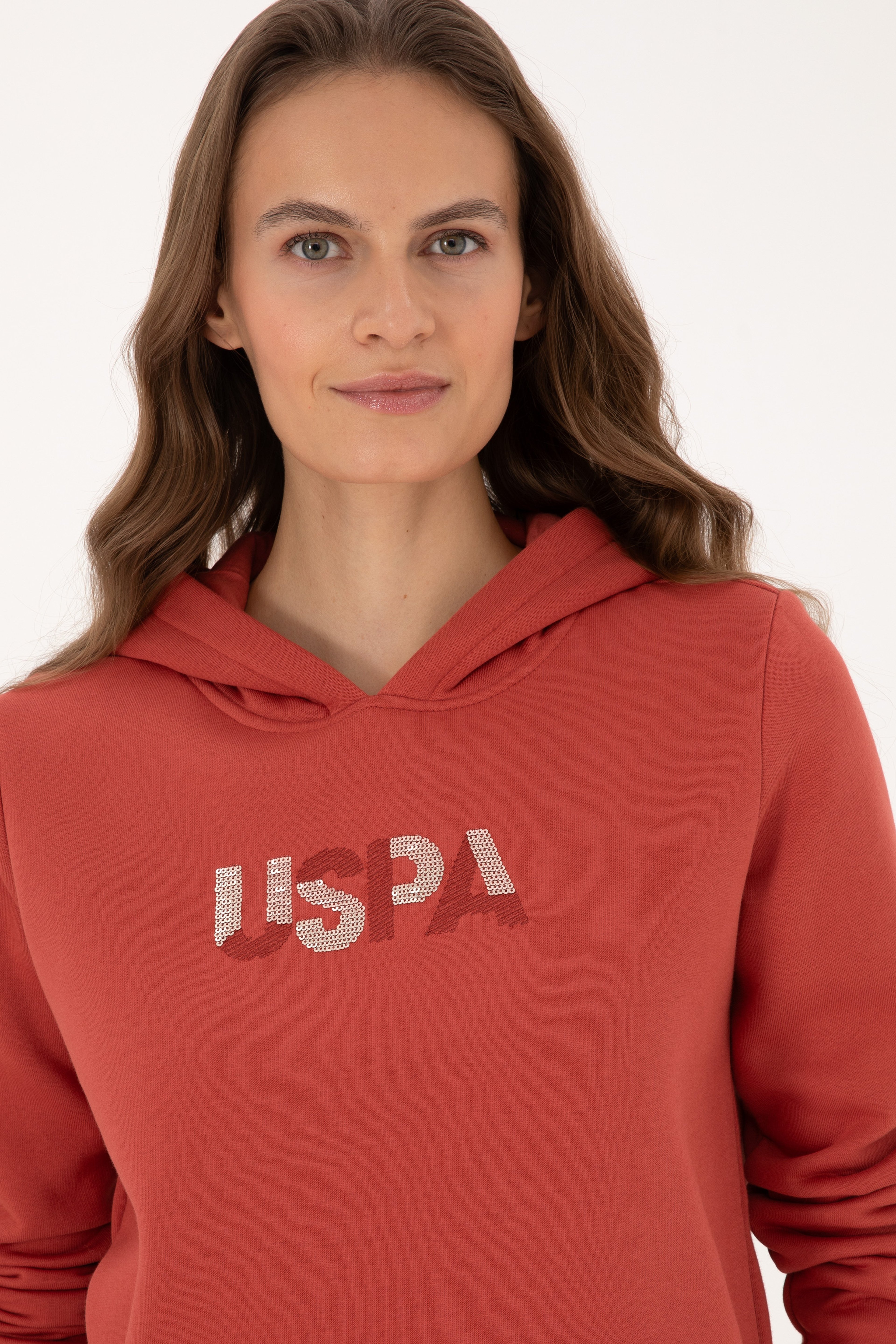 Kadın Kiremit Kapüşonlu Basic Sweatshirt - Image 2