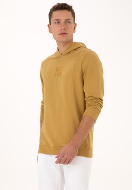 Erkek Regular Fit Kapüşonlu Yıkamalı Hardal İnce Sweatshirt - 50315493019