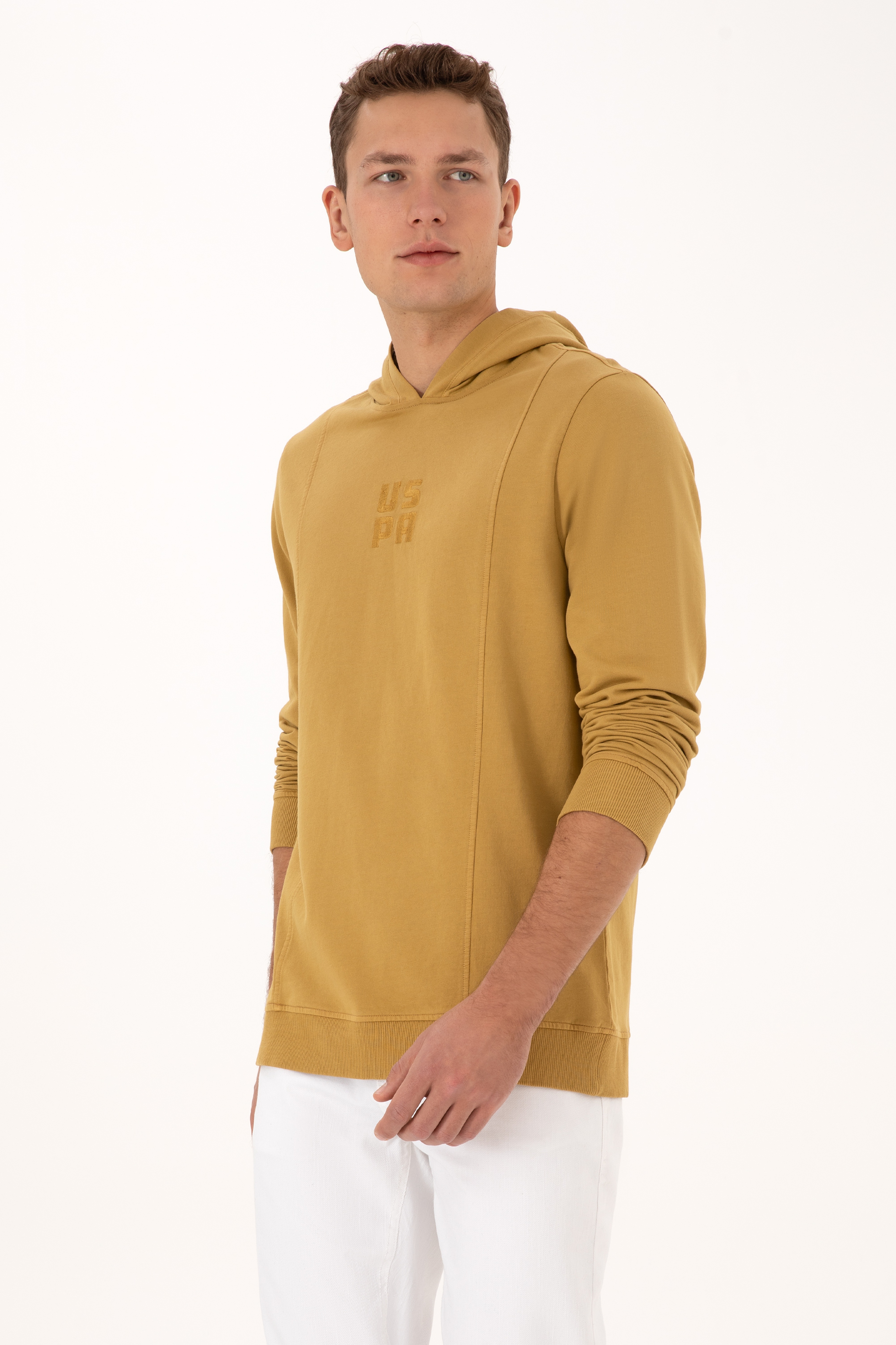 Erkek Regular Fit Kapüşonlu Yıkamalı Hardal İnce Sweatshirt