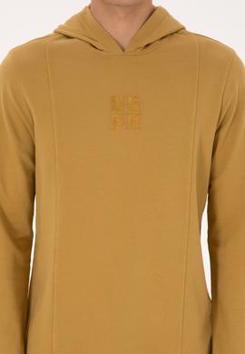 Erkek Regular Fit Kapüşonlu Yıkamalı Hardal İnce Sweatshirt - 50315493019