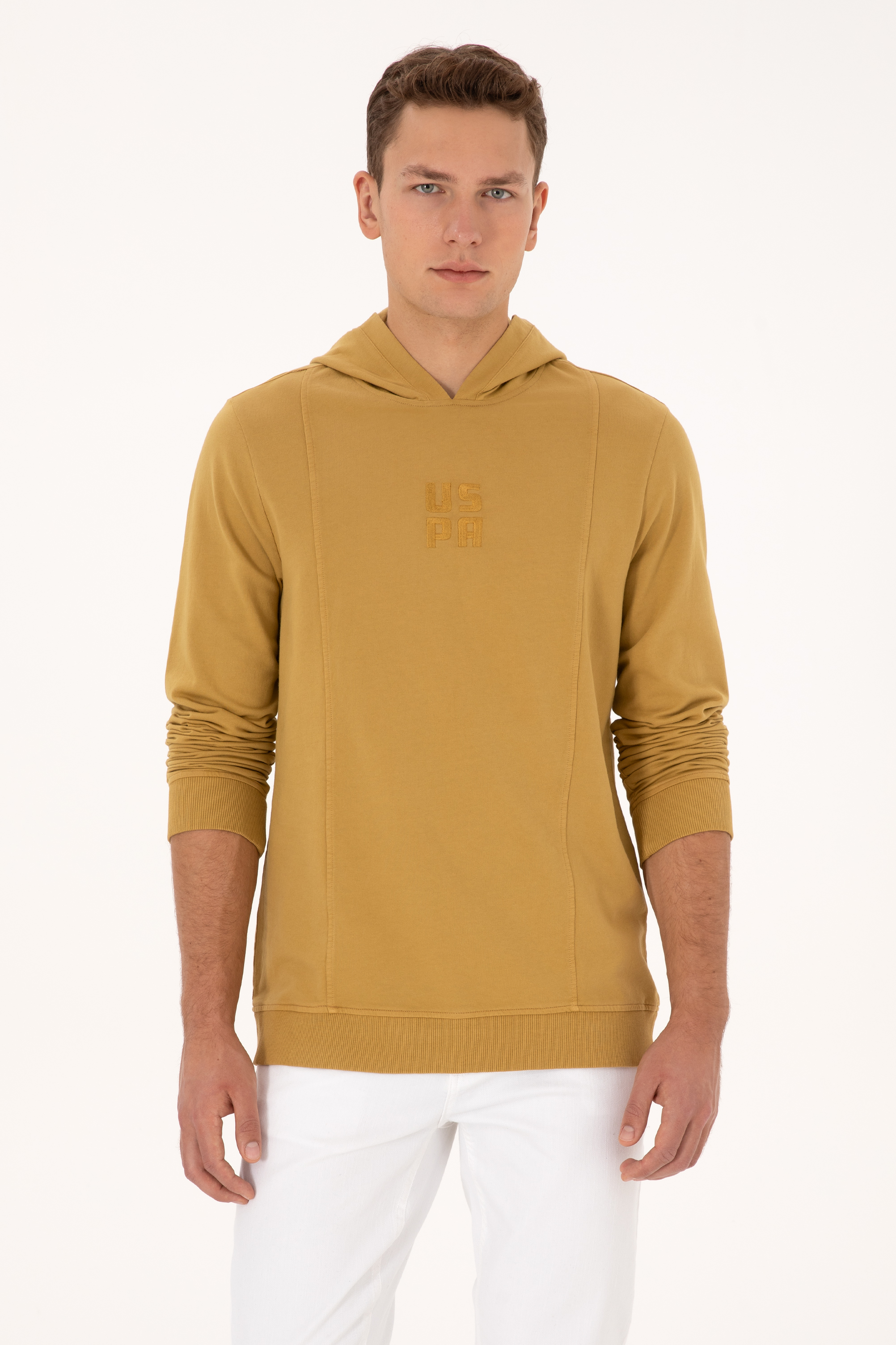 Erkek Regular Fit Kapüşonlu Yıkamalı Hardal İnce Sweatshirt