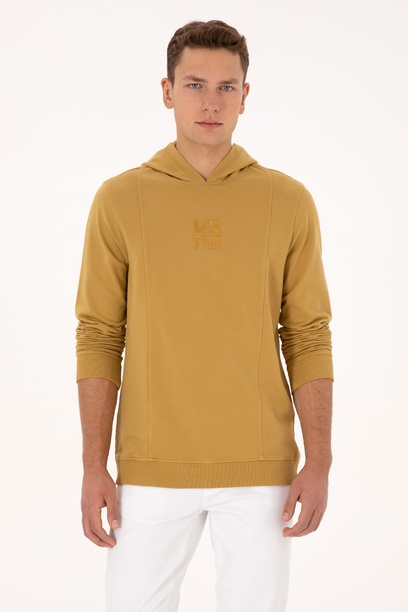 Erkek Regular Fit Kapüşonlu Yıkamalı Hardal İnce Sweatshirt