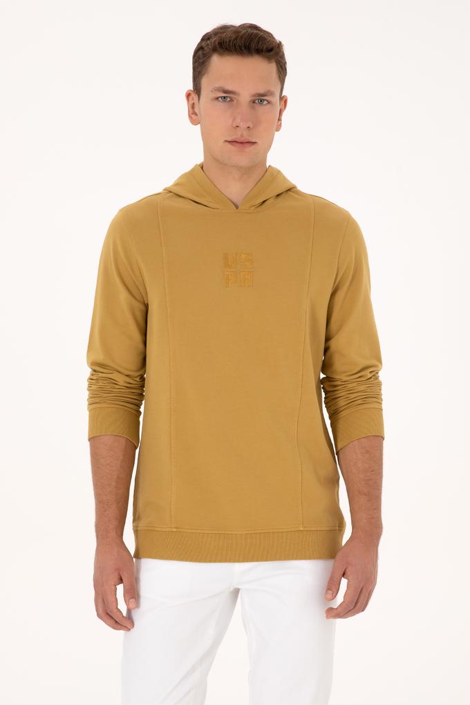 Erkek Regular Fit Kapüşonlu Yıkamalı Hardal İnce Sweatshirt