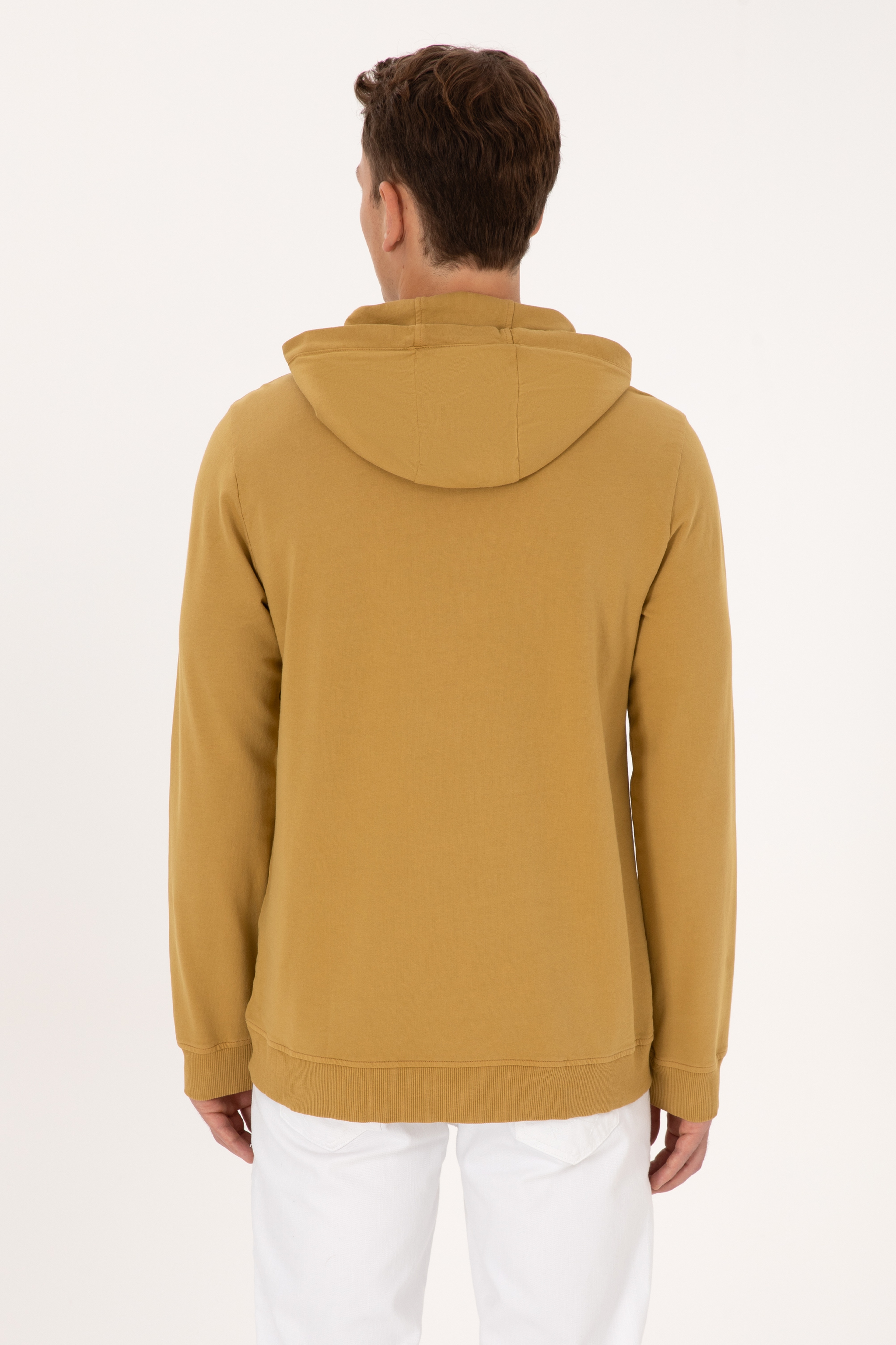 Erkek Regular Fit Kapüşonlu Yıkamalı Hardal İnce Sweatshirt - Image 5