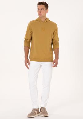 Erkek Regular Fit Kapüşonlu Yıkamalı Hardal İnce Sweatshirt - 50315493019