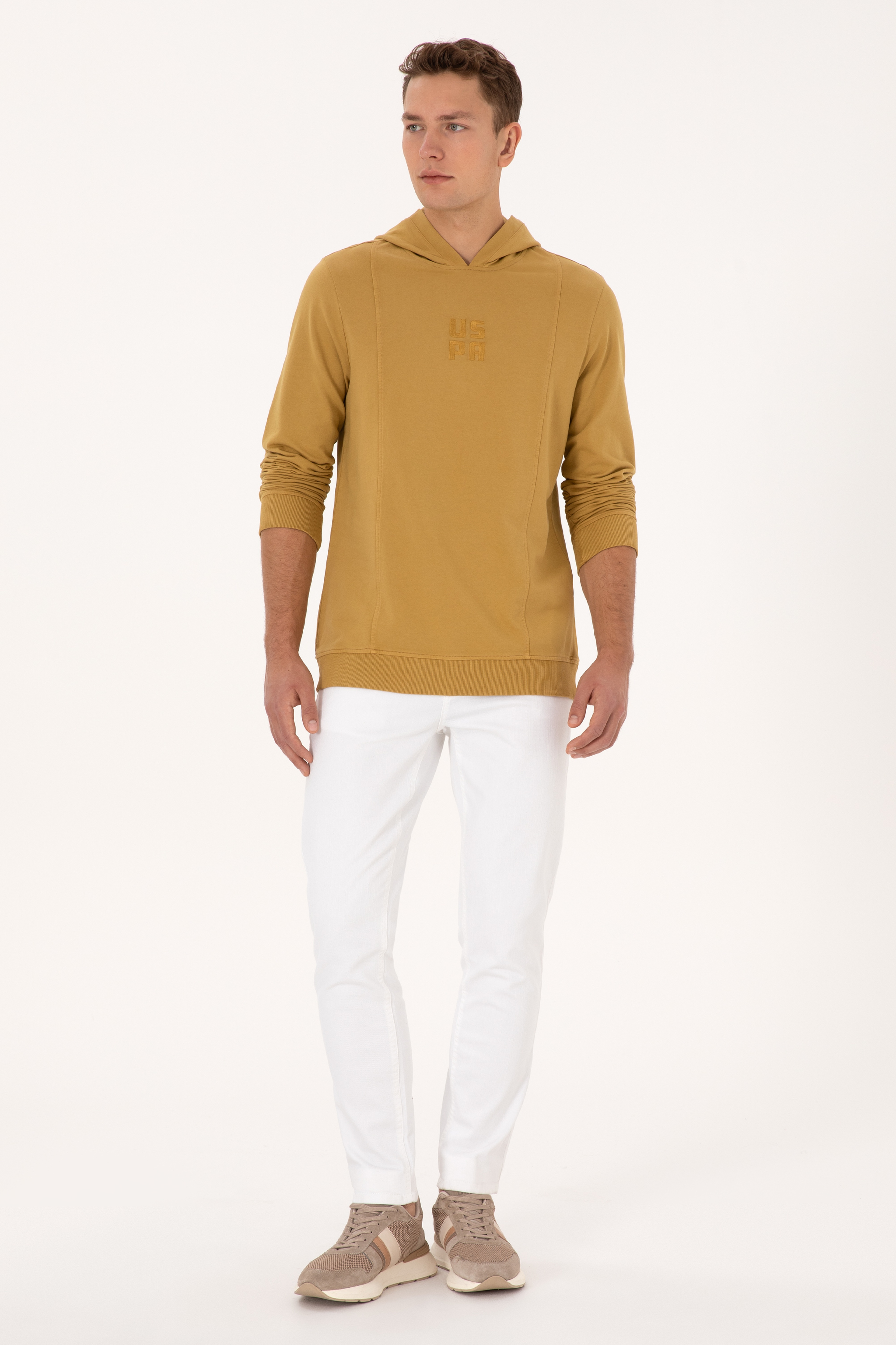 Erkek Regular Fit Kapüşonlu Yıkamalı Hardal İnce Sweatshirt