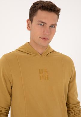 Erkek Regular Fit Kapüşonlu Yıkamalı Hardal İnce Sweatshirt - 50315493019
