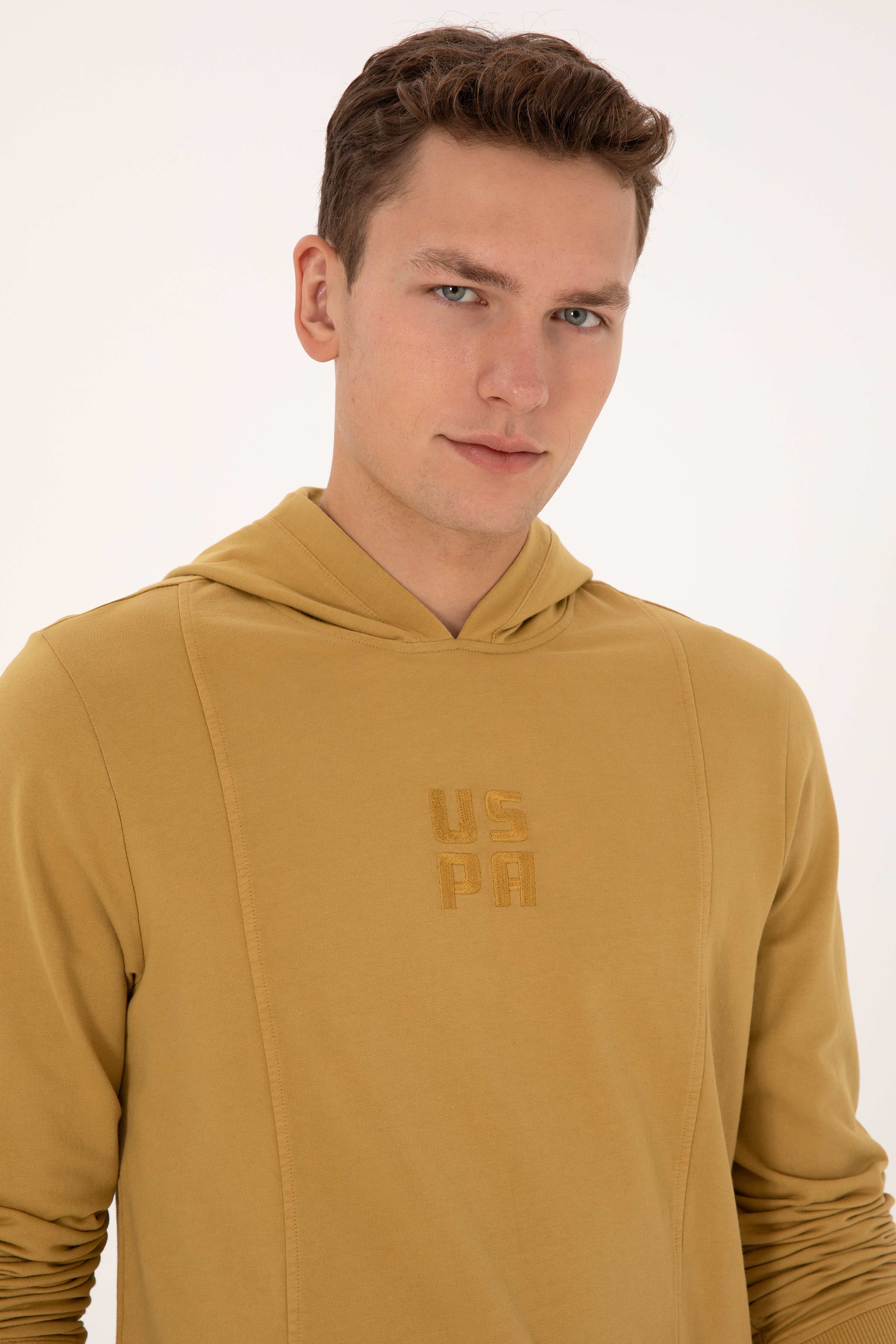 Erkek Regular Fit Kapüşonlu Yıkamalı Hardal İnce Sweatshirt - Image 2