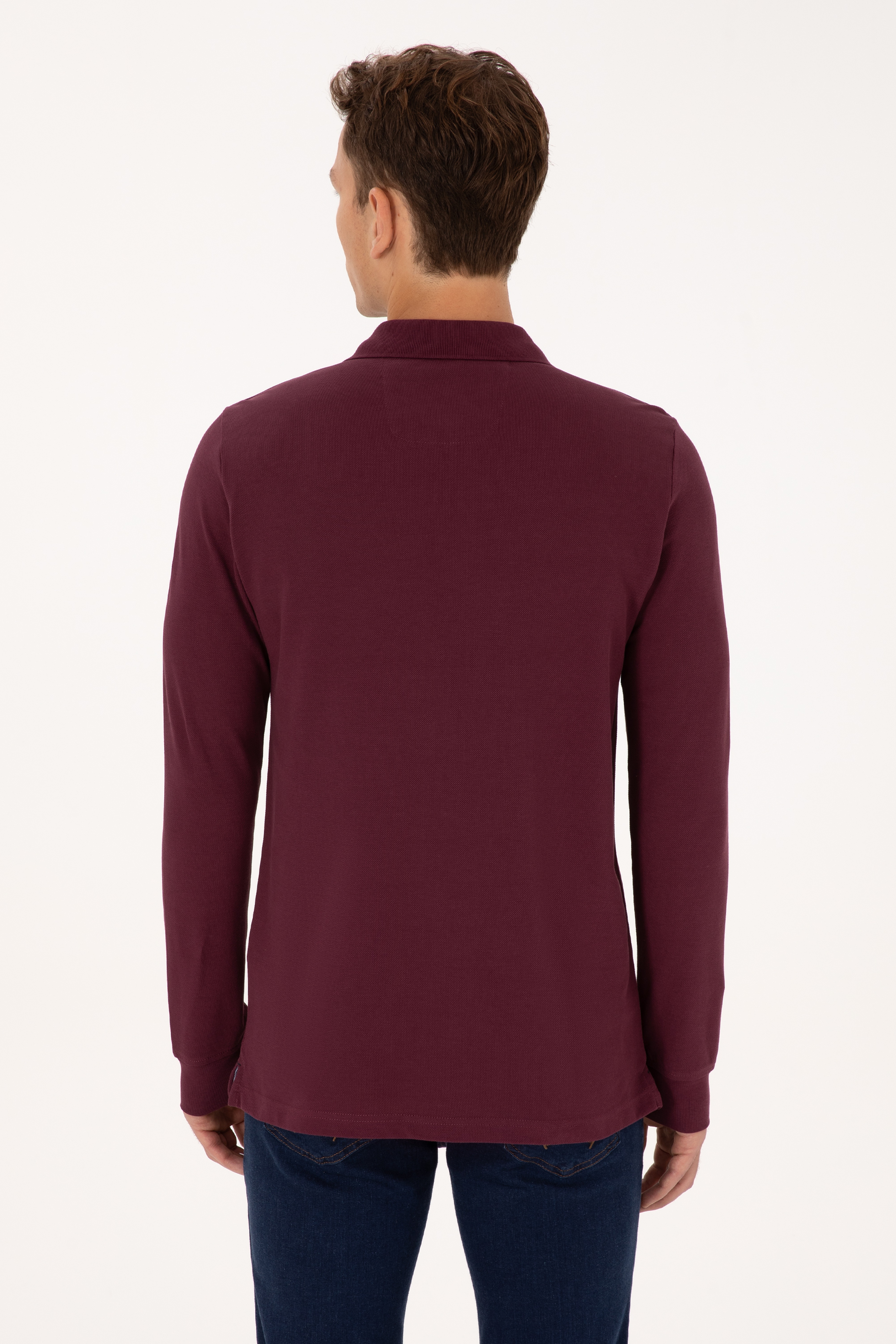 Erkek Regular Fit Polo Yaka Bordo Basic Sweatshirt - Image 5