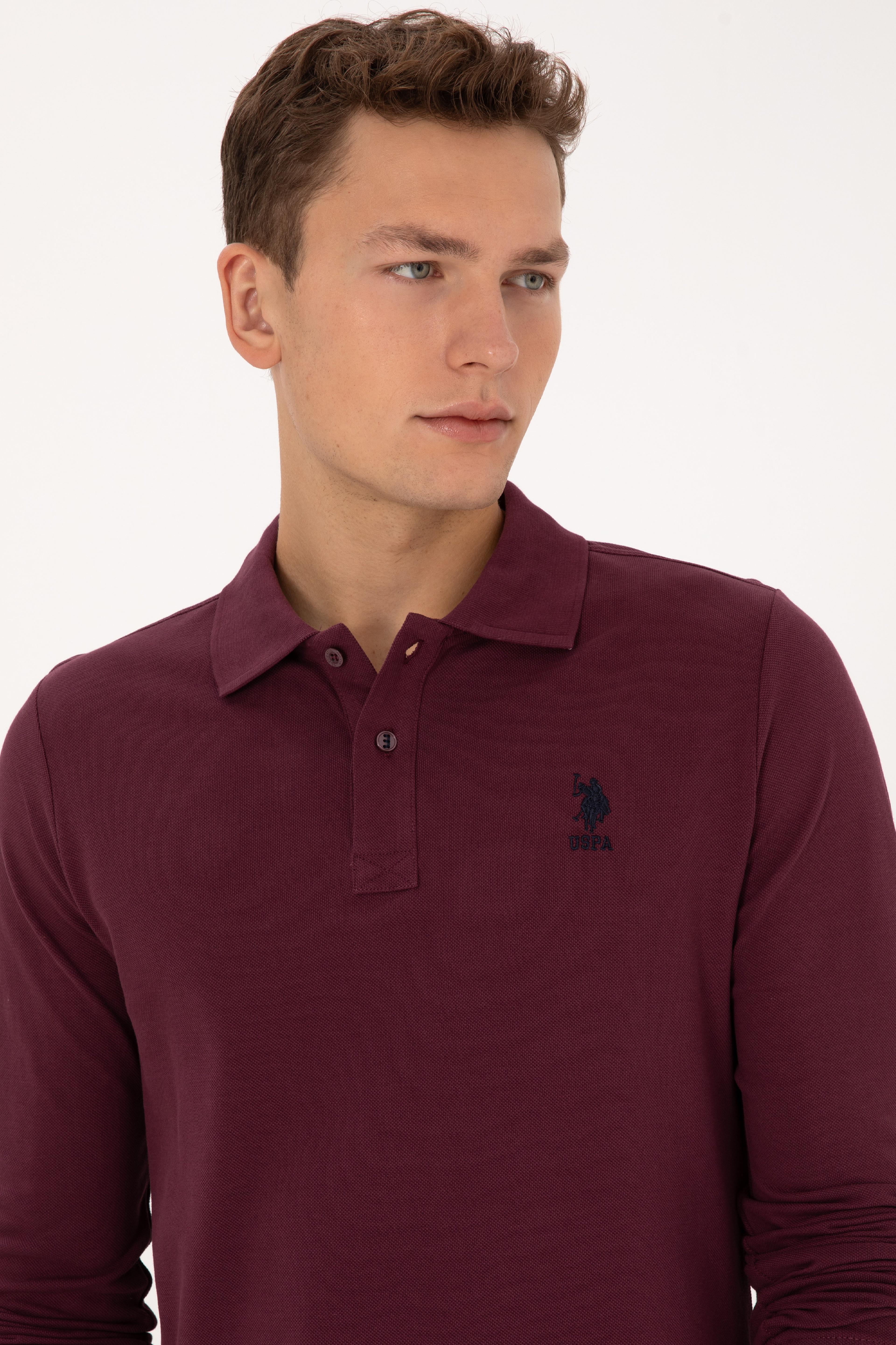 Erkek Regular Fit Polo Yaka Bordo Basic Sweatshirt - Image 2