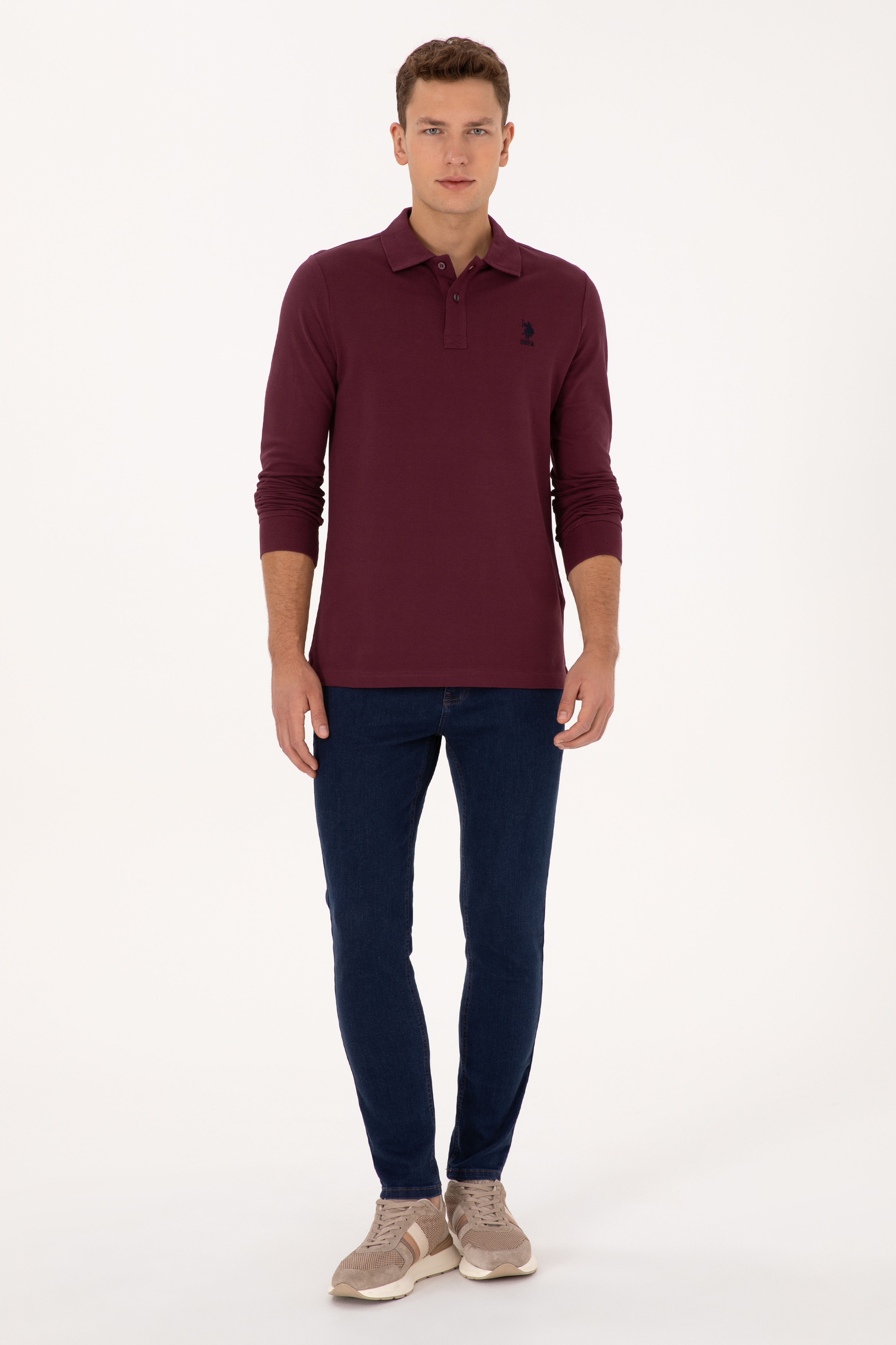 Erkek Regular Fit Polo Yaka Bordo Basic Sweatshirt