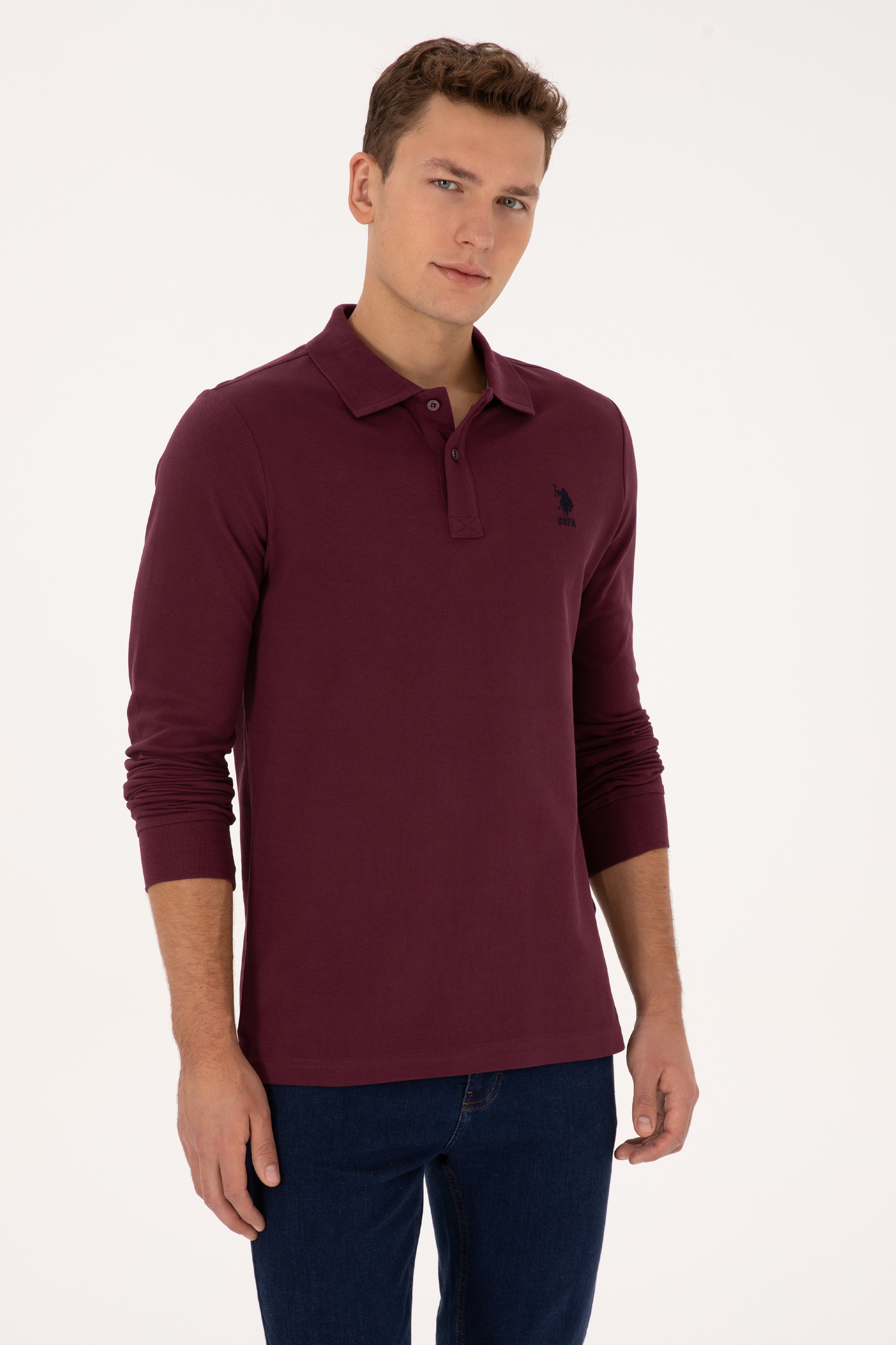 Erkek Regular Fit Polo Yaka Bordo Basic Sweatshirt