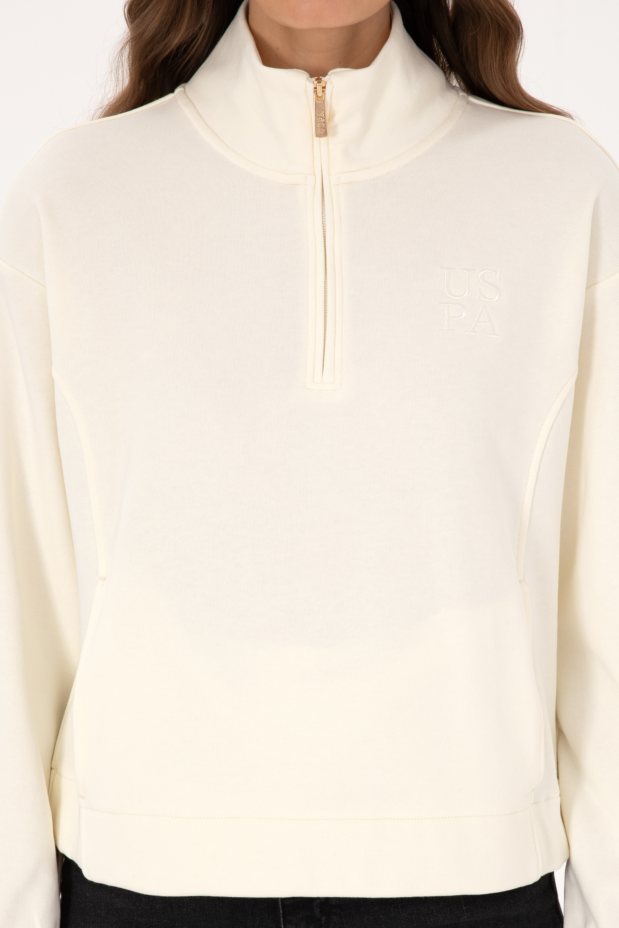 Kadın Krem Fermuarlı Dik Yaka Sweatshirt - Image 6
