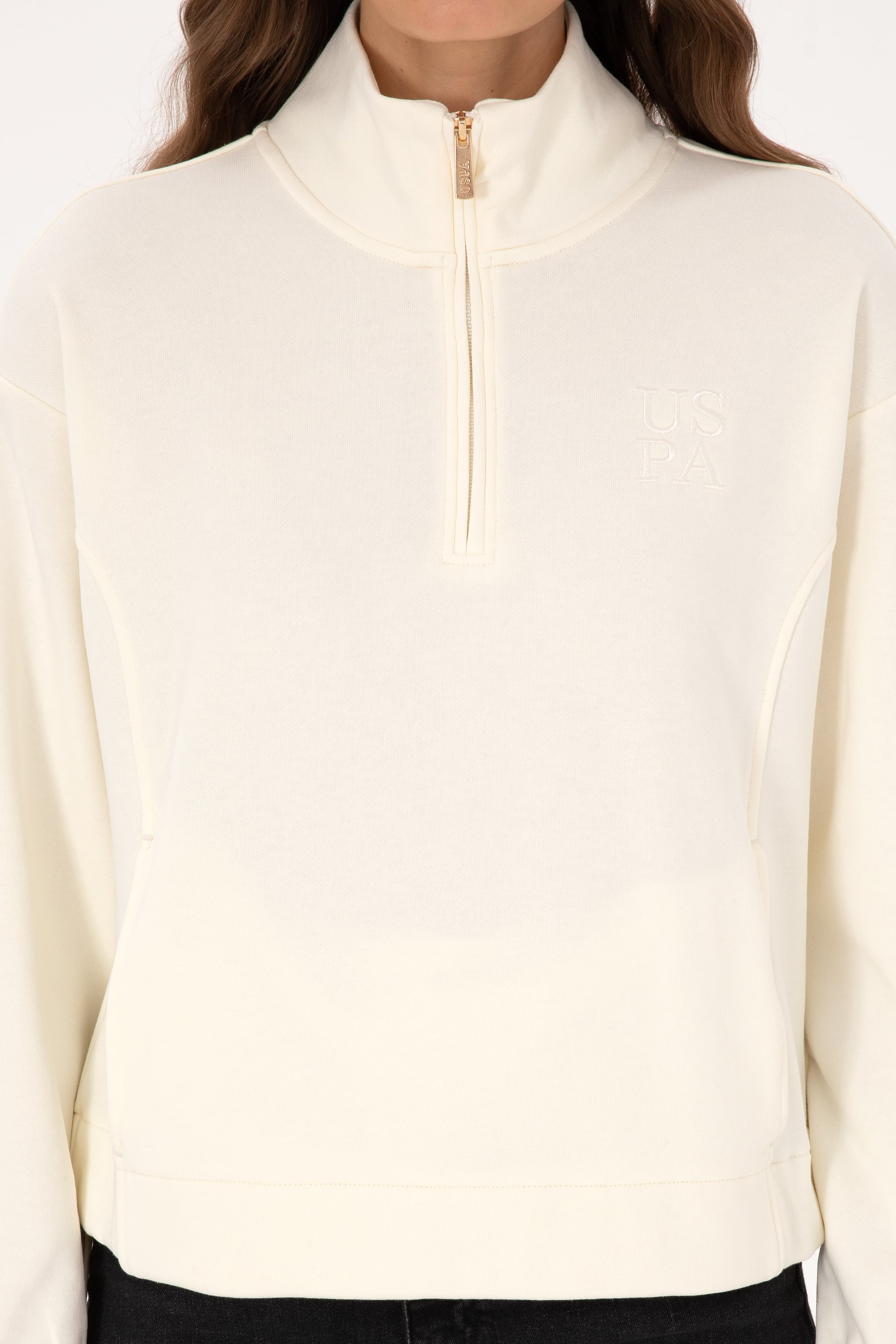 Kadın Krem Fermuarlı Dik Yaka Sweatshirt