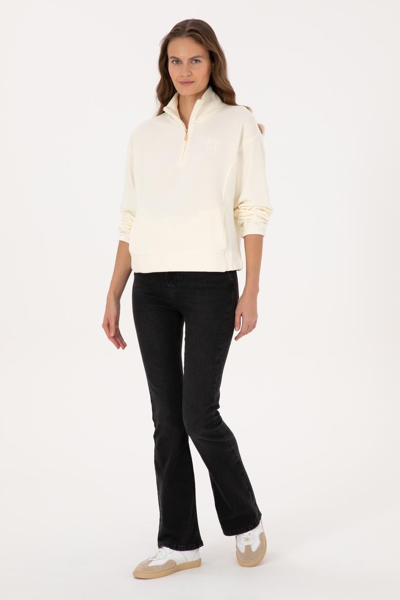 Kadın Krem Fermuarlı Dik Yaka Sweatshirt - 50307798028