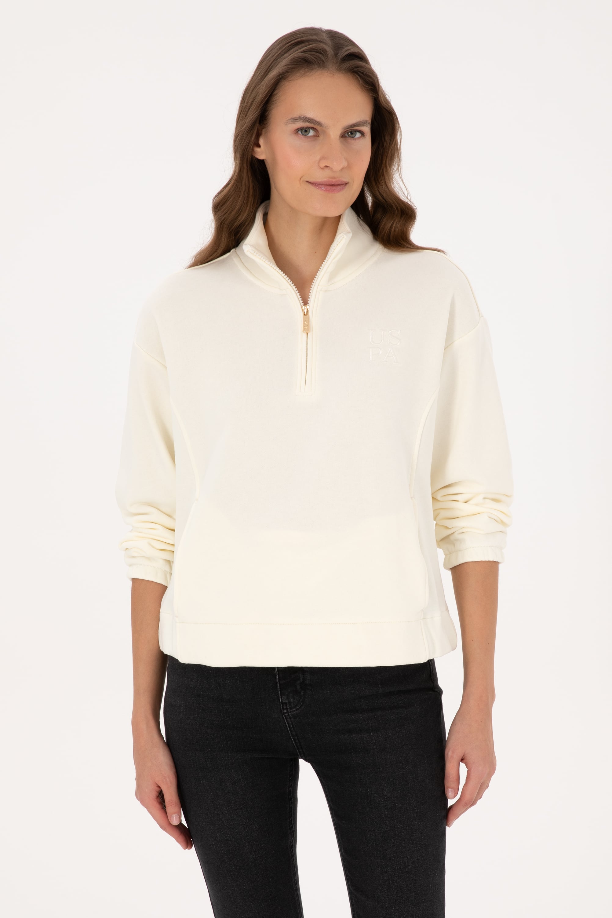 Kadın Krem Fermuarlı Dik Yaka Sweatshirt - Image 3