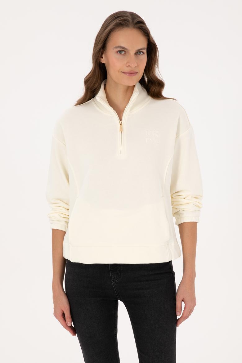Kadın Krem Fermuarlı Dik Yaka Sweatshirt - 50307798028