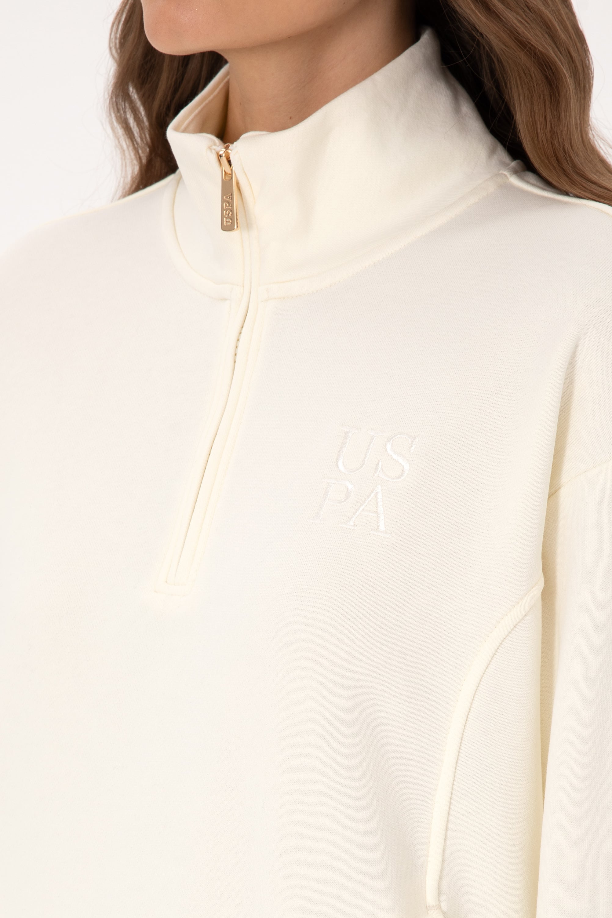 Kadın Krem Fermuarlı Dik Yaka Sweatshirt - Image 7