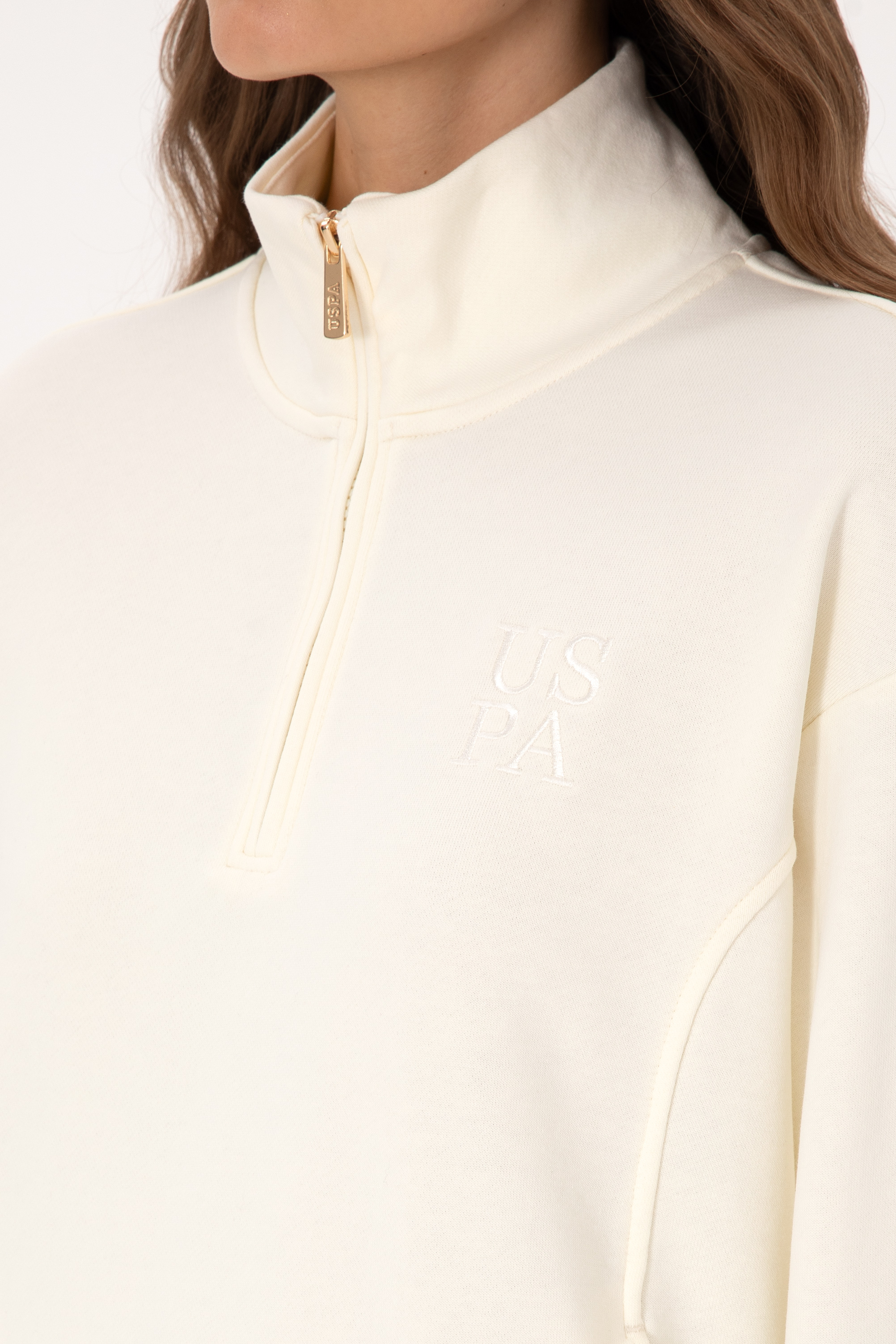 Kadın Krem Fermuarlı Dik Yaka Sweatshirt
