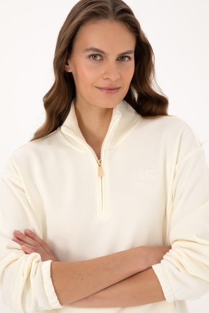 Kadın Krem Fermuarlı Dik Yaka Sweatshirt