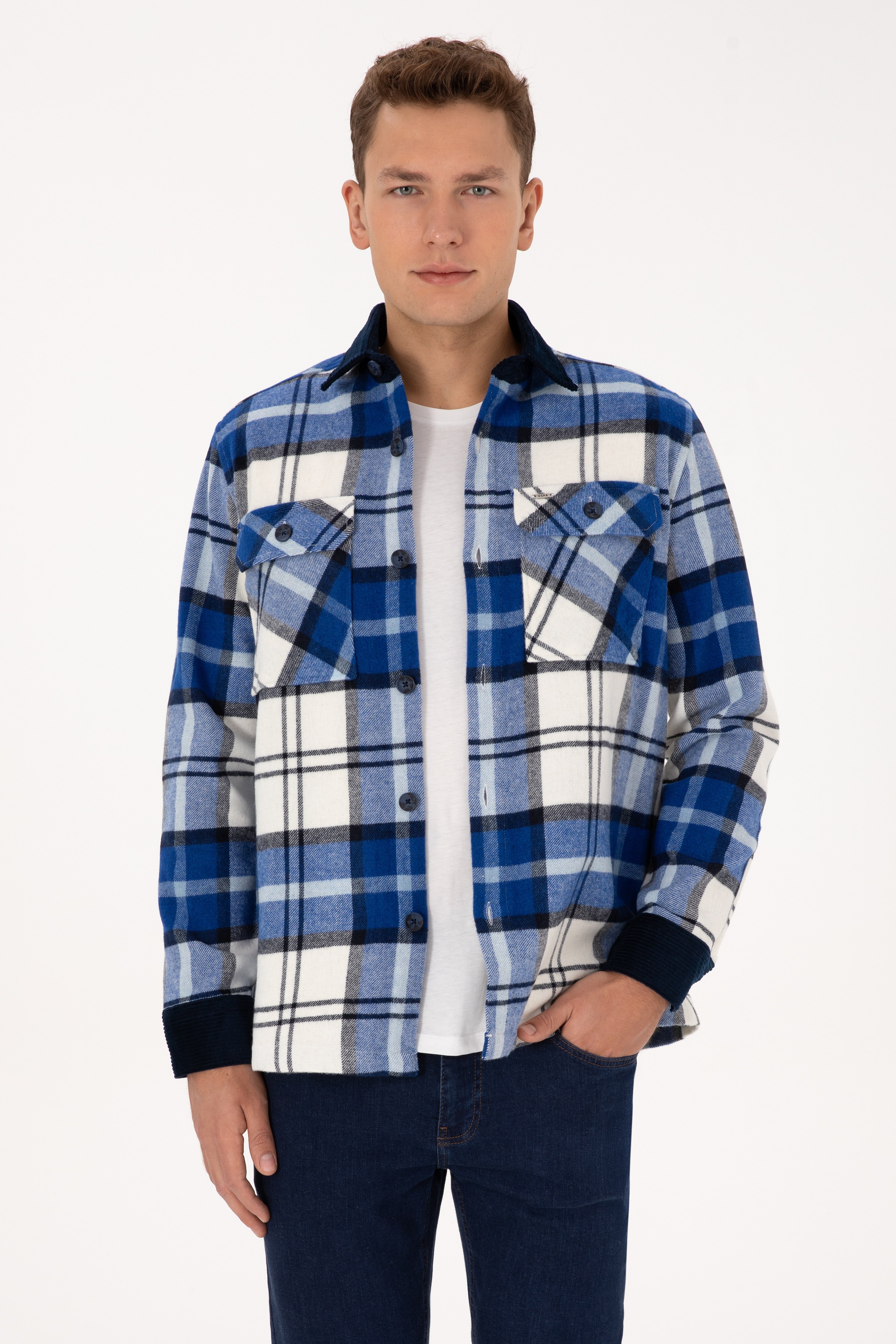 Erkek Lacivert Uzun Kollu Cepli Ekoseli Gömlek