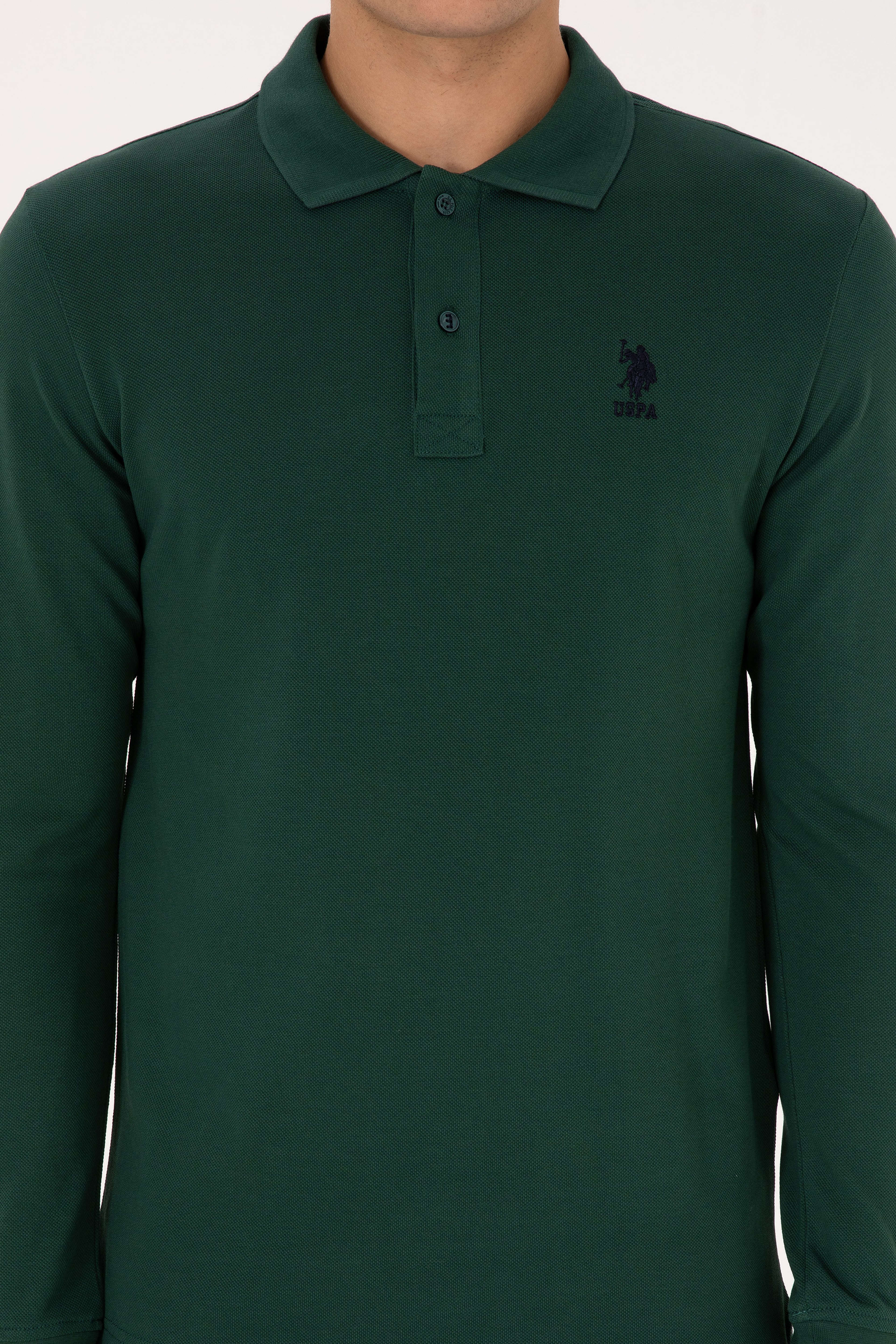 Erkek Regular Fit Polo Yaka Koyu Yeşil Basic Sweatshirt - Image 6