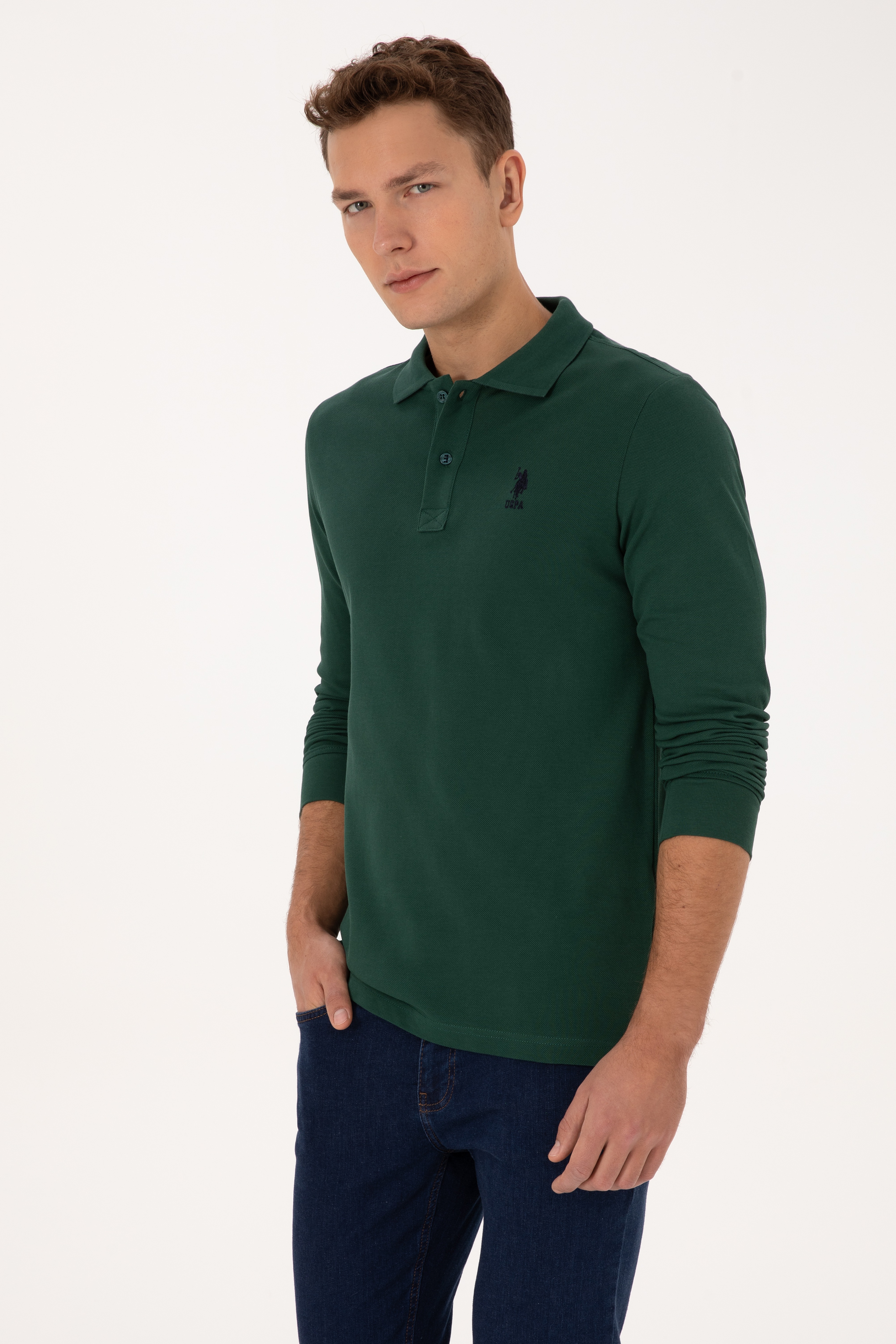 Erkek Regular Fit Polo Yaka Koyu Yeşil Basic Sweatshirt - Image 3