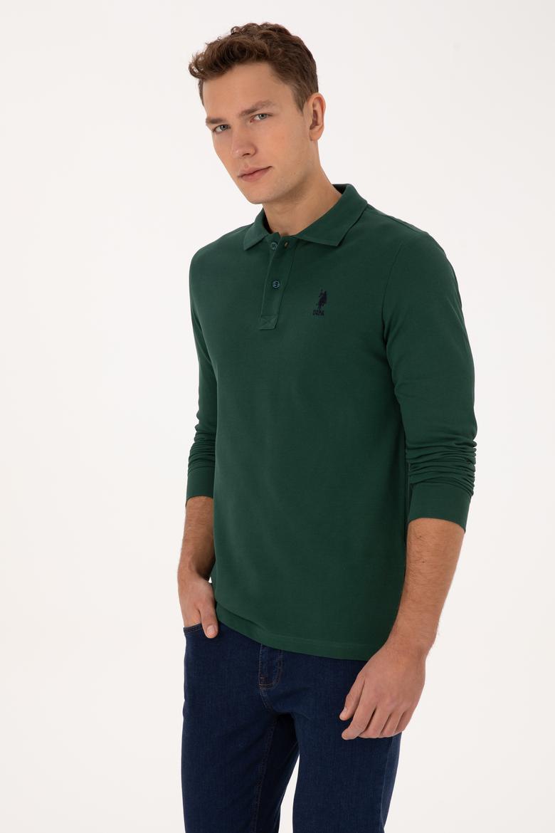 Erkek Regular Fit Polo Yaka Koyu Yeşil Basic Sweatshirt - 50317510018