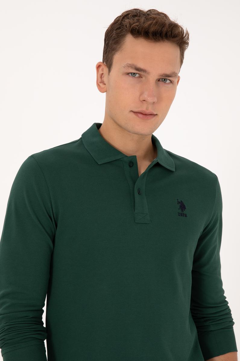 Erkek Regular Fit Polo Yaka Koyu Yeşil Basic Sweatshirt