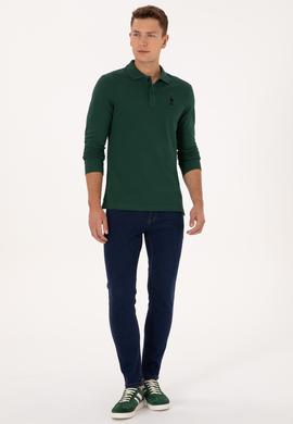 Erkek Regular Fit Polo Yaka Koyu Yeşil Basic Sweatshirt - 50317510018