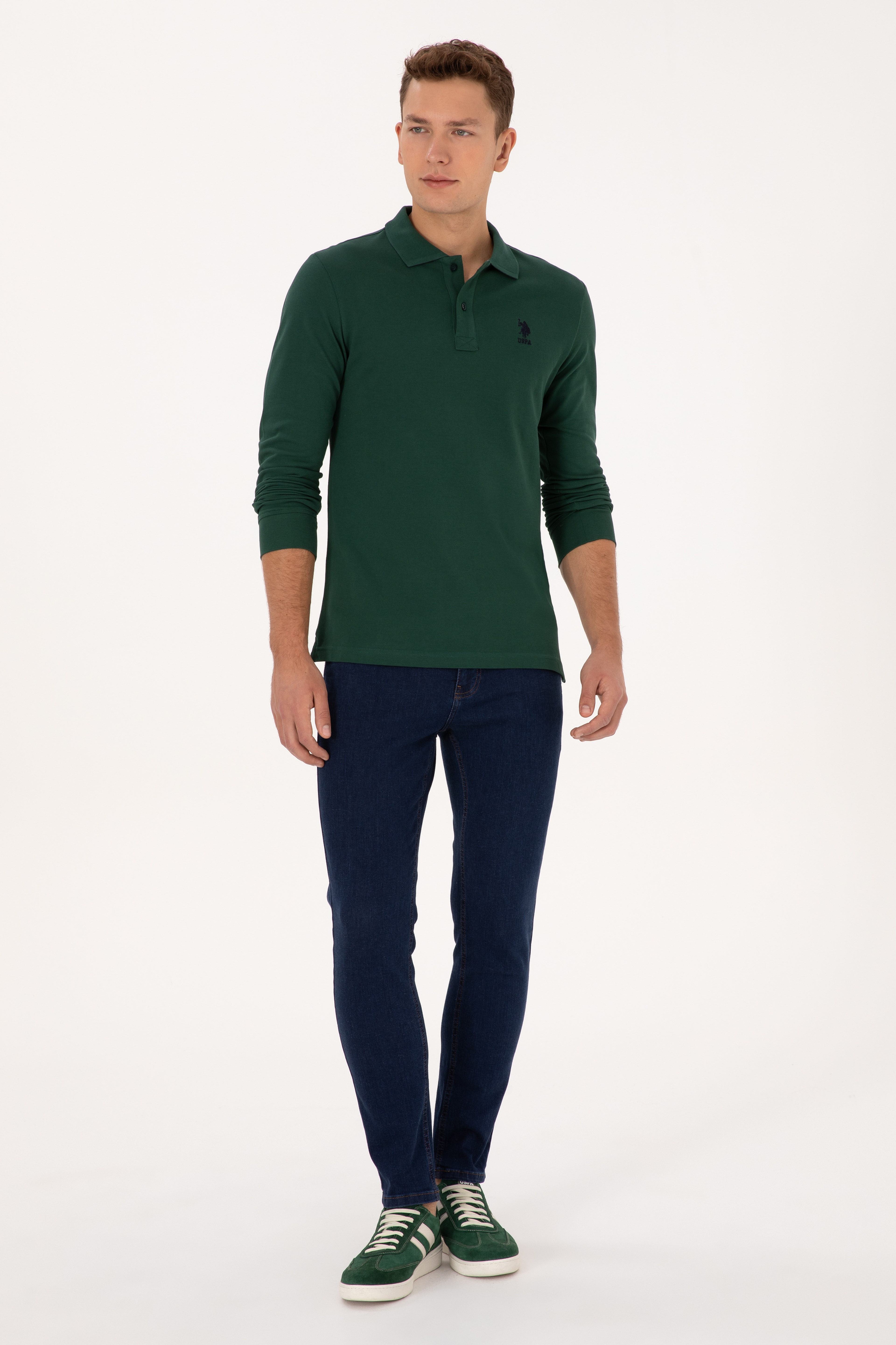 Erkek Regular Fit Polo Yaka Koyu Yeşil Basic Sweatshirt