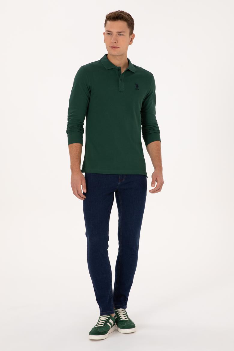 Erkek Regular Fit Polo Yaka Koyu Yeşil Basic Sweatshirt - 50317510018