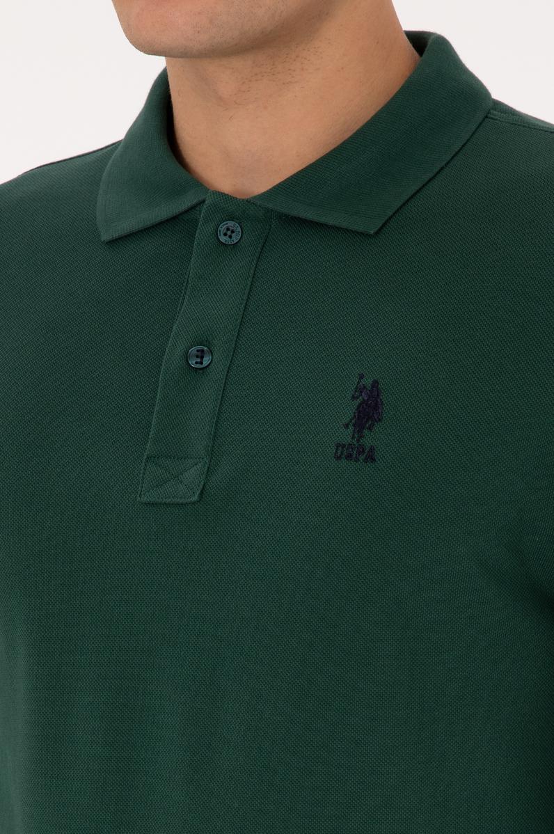 Erkek Regular Fit Polo Yaka Koyu Yeşil Basic Sweatshirt