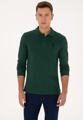 Erkek Regular Fit Polo Yaka Koyu Yeşil Basic Sweatshirt - 50317510018