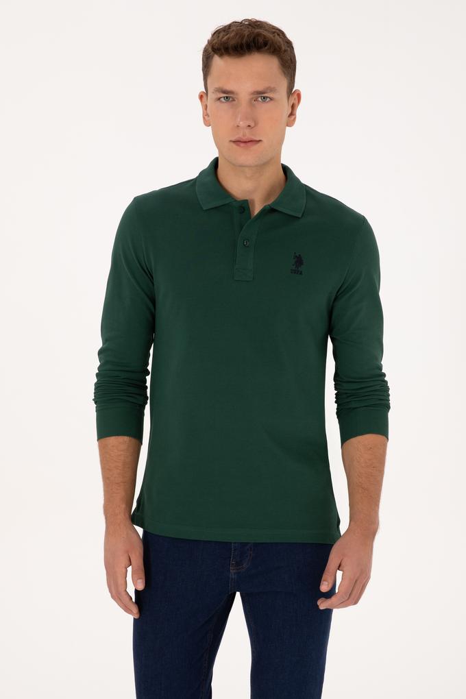 Erkek Regular Fit Polo Yaka Koyu Yeşil Basic Sweatshirt