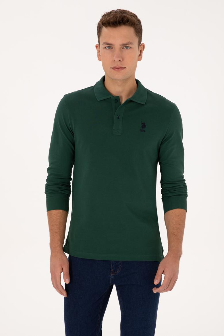 Erkek Regular Fit Polo Yaka Koyu Yeşil Basic Sweatshirt