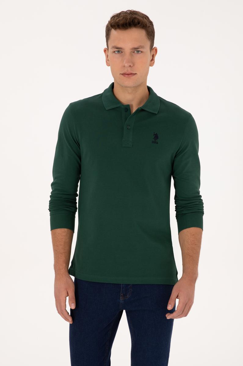Erkek Regular Fit Polo Yaka Koyu Yeşil Basic Sweatshirt