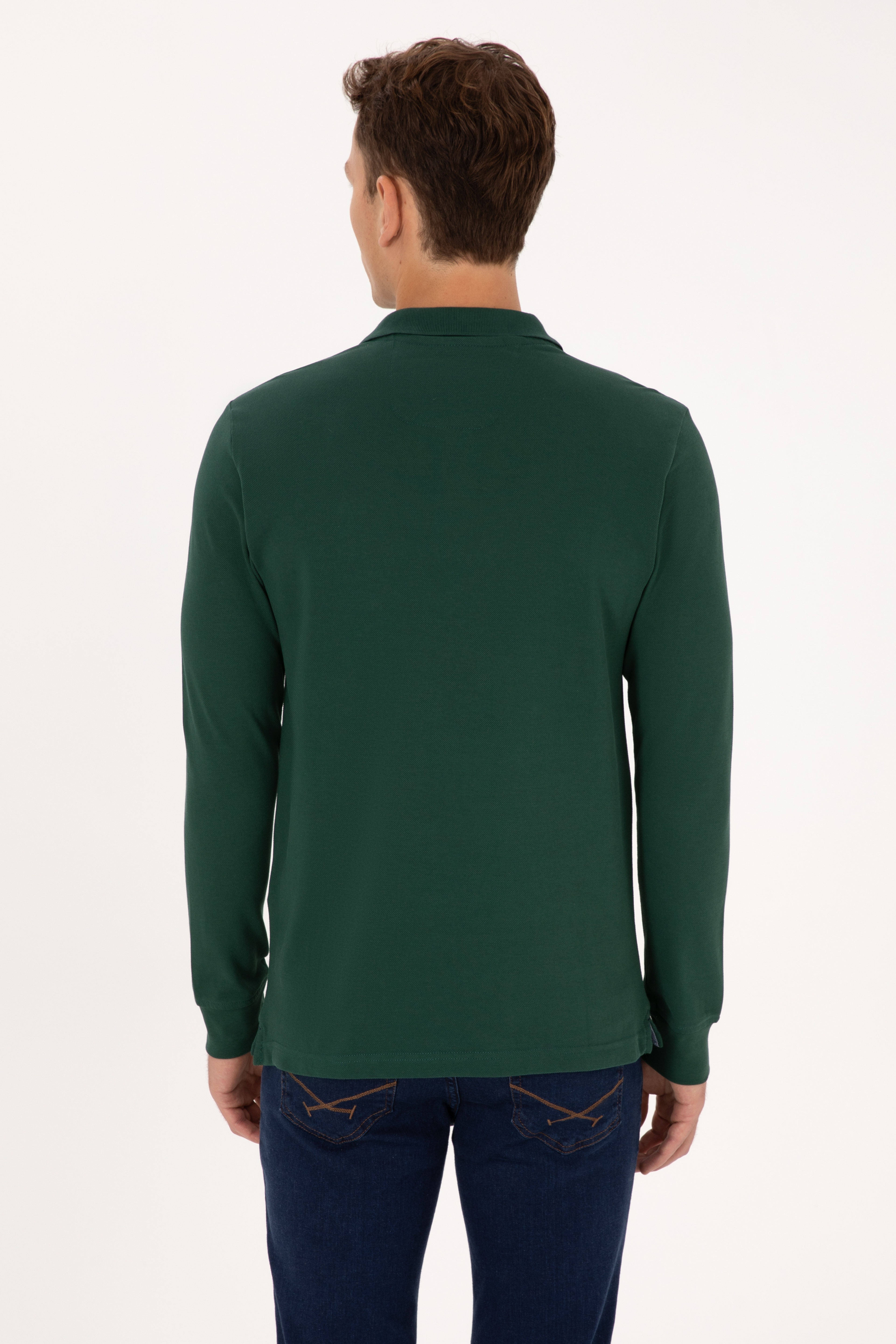 Erkek Regular Fit Polo Yaka Koyu Yeşil Basic Sweatshirt