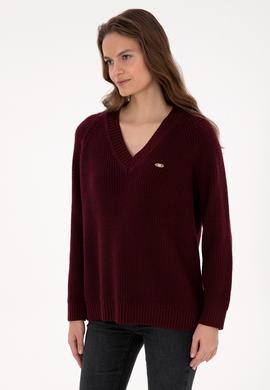 Kadın Bordo V Yaka Kazak - 50314934017