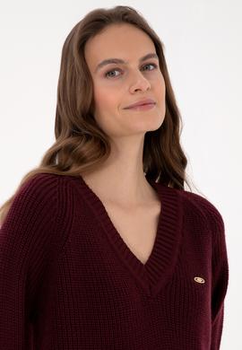 Kadın Bordo V Yaka Kazak - 50314934017