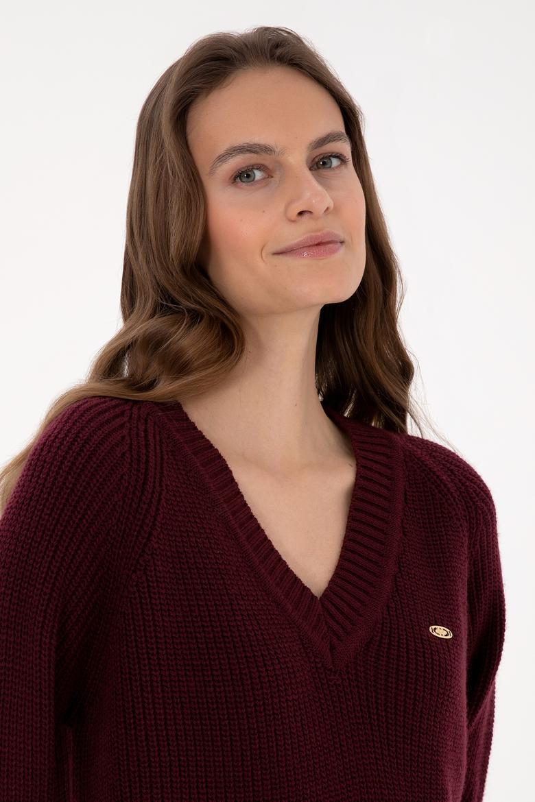 Kadın Bordo V Yaka Kazak - 50314934017