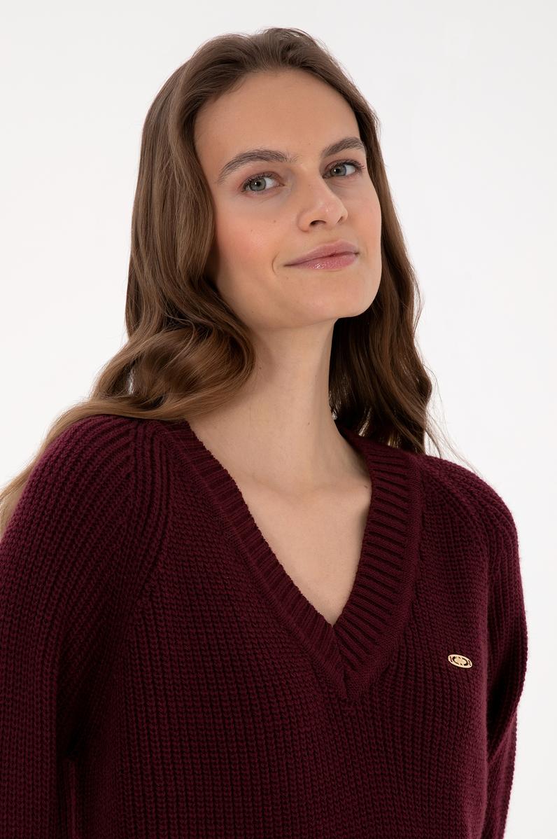Kadın Bordo V Yaka Kazak