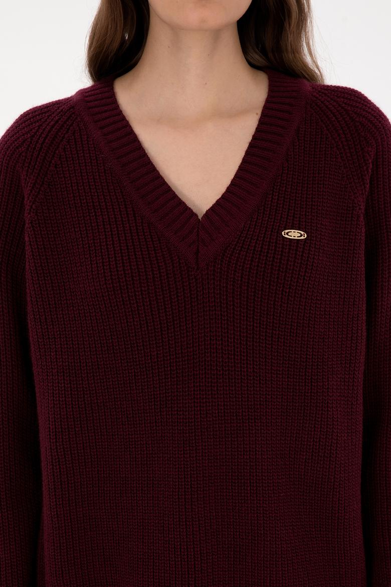Kadın Bordo V Yaka Kazak - 50314934017