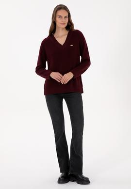 Kadın Bordo V Yaka Kazak - 50314934017