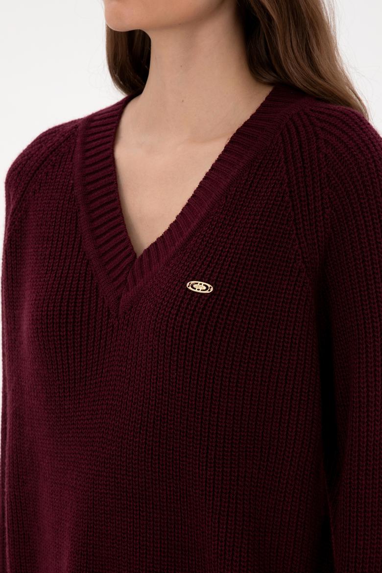 Kadın Bordo V Yaka Kazak - 50314934017